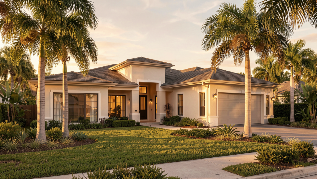 Luxury home exterior in Spring Hill Florida at sunset