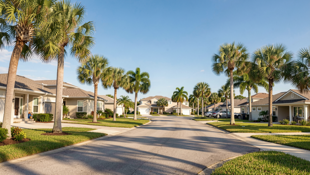 Spring Hill Florida neighborhood homes with palm trees